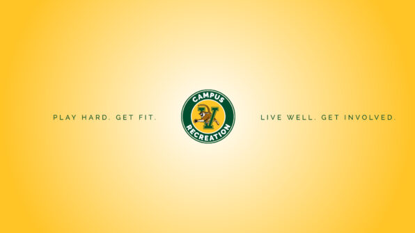 A yellow gradient with the Campus Recreation logo (which features a catamount), along with the words "Play Hard. Get Fit. Live Well. Get Involved."