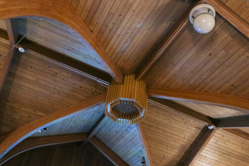 The decorative wooden ceiling of the UVM Interfaith Center.