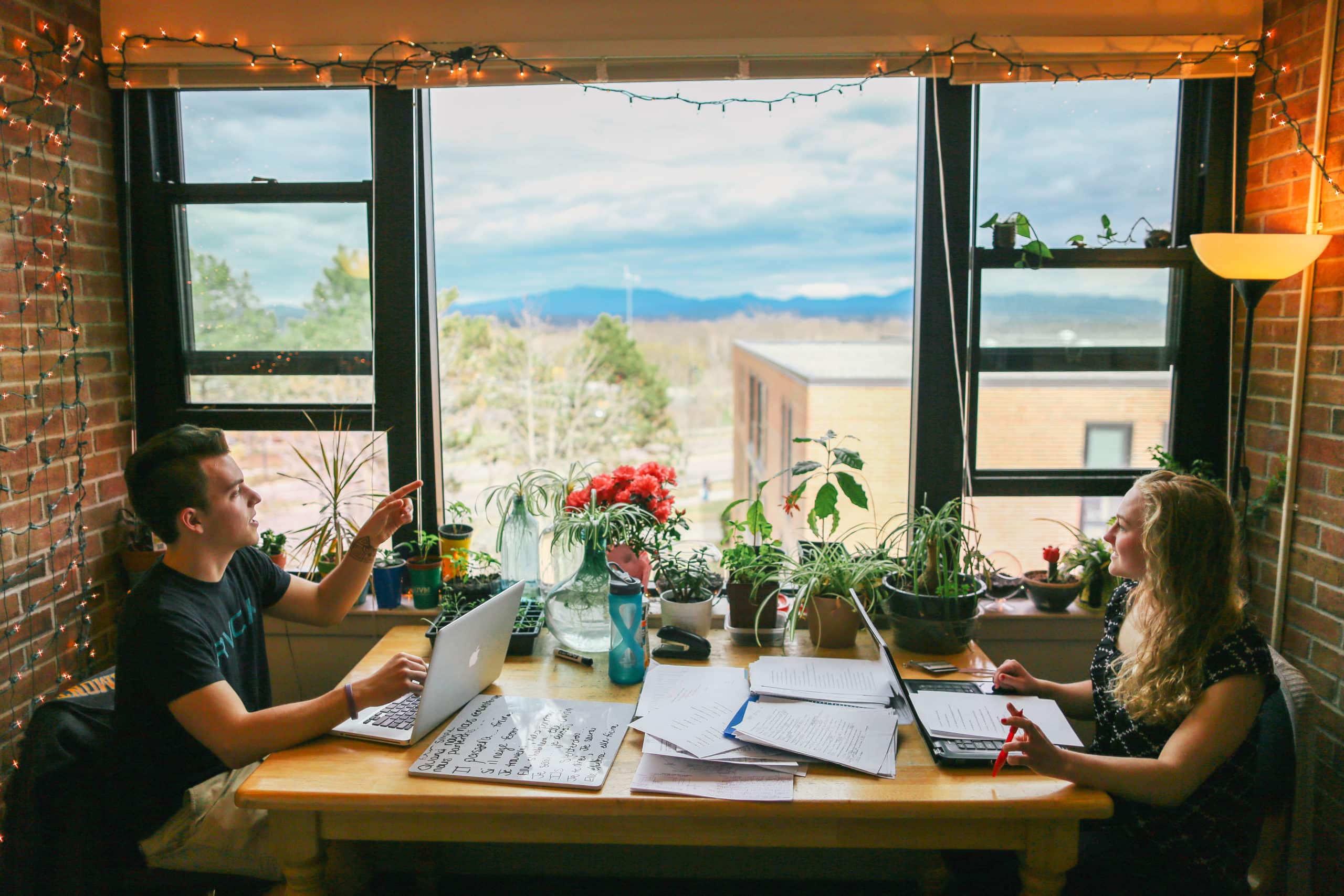 two students in a residence hall studying by a window