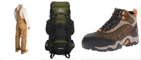 carhart overalls, a backpack, and hiking boots