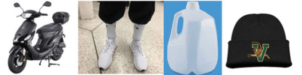 tucked in socks, a scooter, a gallon of water