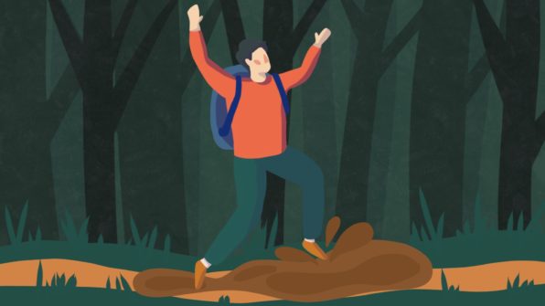 drawing of a man walking through mud