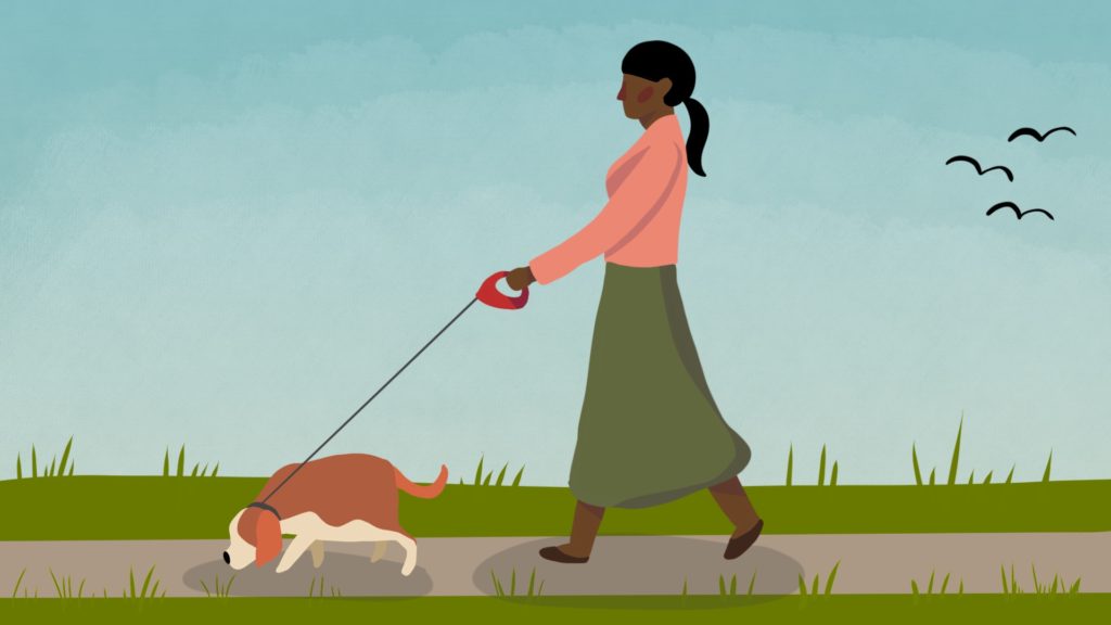 drawing of woman walking her dog