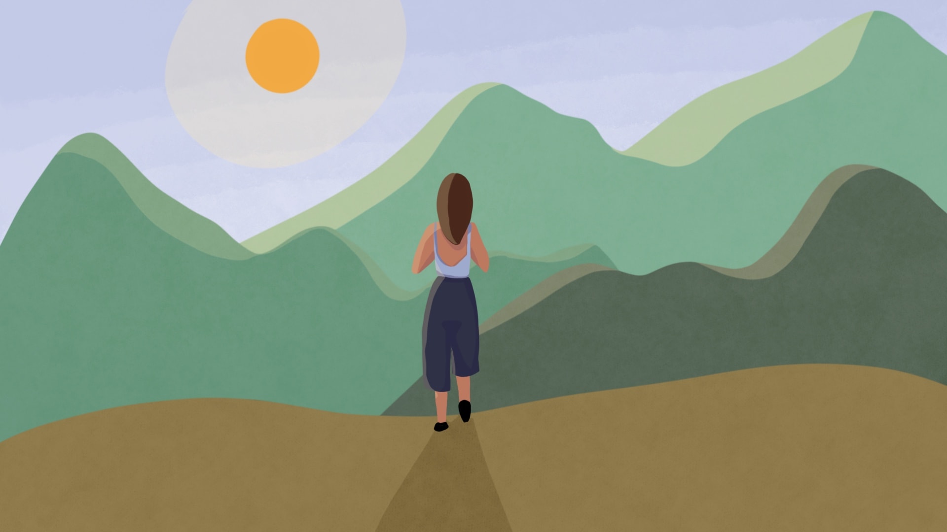 drawing of woman walking towards mountains