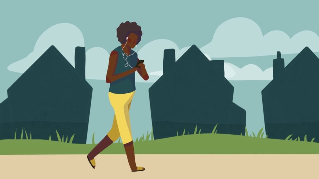 drawing of woman walking while looking at her phone