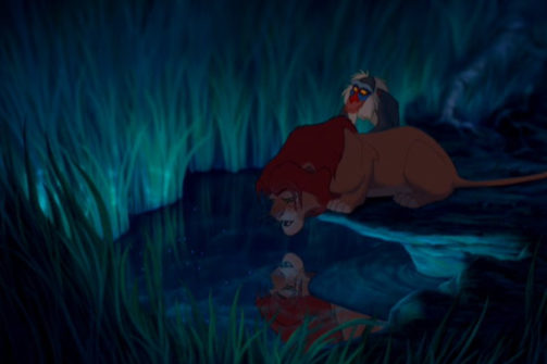 simba looking in the water with rafiki