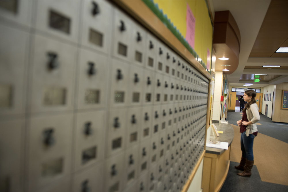 mailboxes at the residence hall front desk
