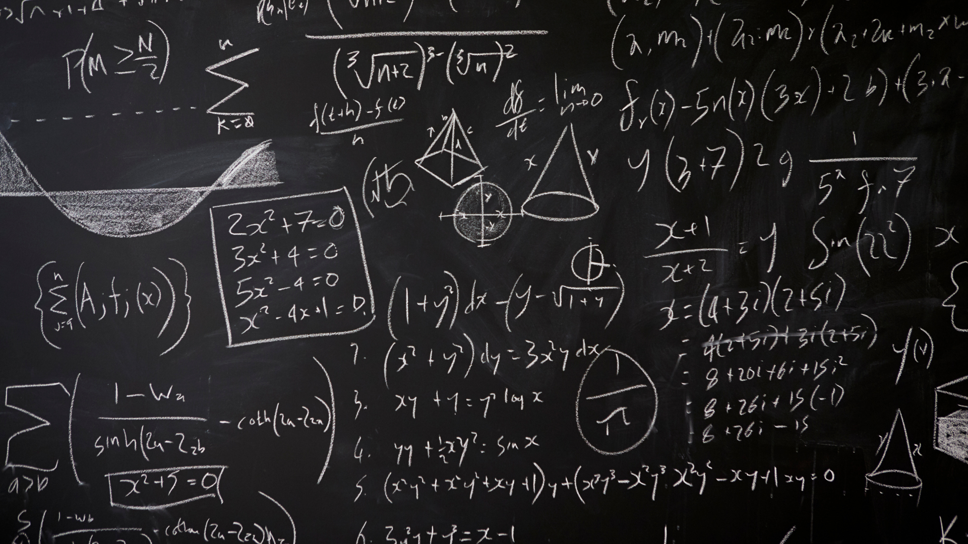 A chalkboard full of complicated math problems.