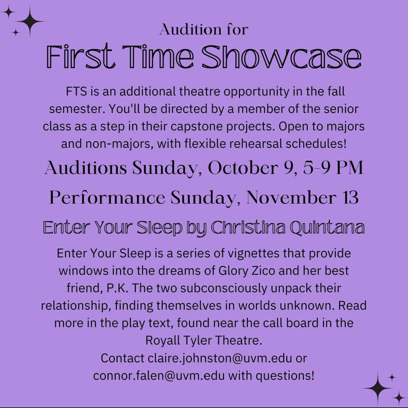A poster for the First Time Showcase explaining details for the audition process