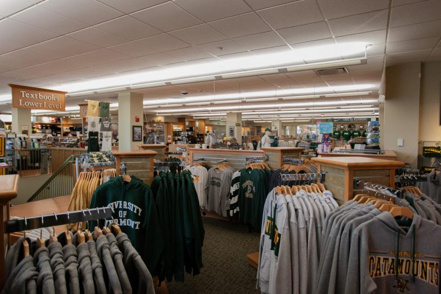 Photo of the UVM Bookstore, with racks of clothing
