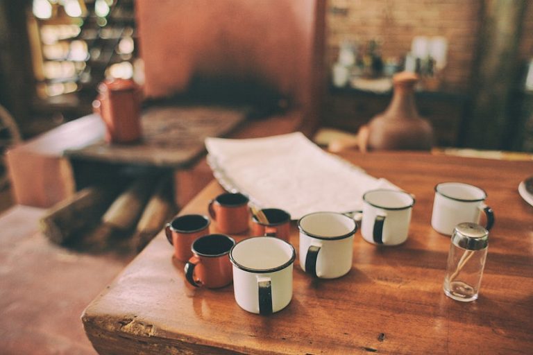 Empty mugs on wood table