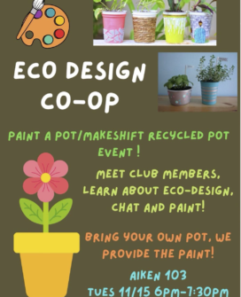 Graphic with pictures of plants and clipart with details on the Eco Design Co-op's first meeting