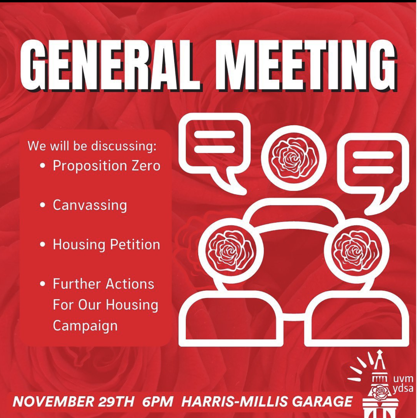 Red graphic about the YDSA general meeting.