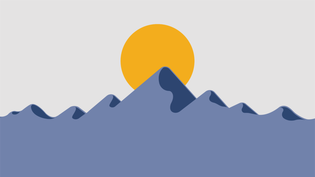 Graphic of blue mountains with a golden sun rising or setting above them