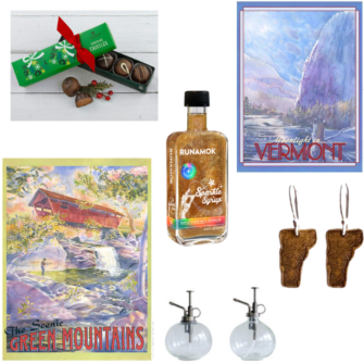 Vermont brass earrings, holiday chocolate truffles, sparkle syrup, blue Vermont poster glass plant misters, Green mountain state poster