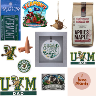 Green Vermont license plate patch, UVM ornament, wooden mouse ornament, maple pancake mix, uvm dad and mom decals, I love plants sticker, terricotta plant watering stakes, UVM patches (Cat jumping over V and UVM logo)