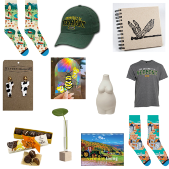 Vermont scenes socks, church street socks, cow print earings, autumn truffles, bee sun catcher, single plant propagation station, body outline vase, UVM hat, Vermont dad shirt, Vermont living wall calendar