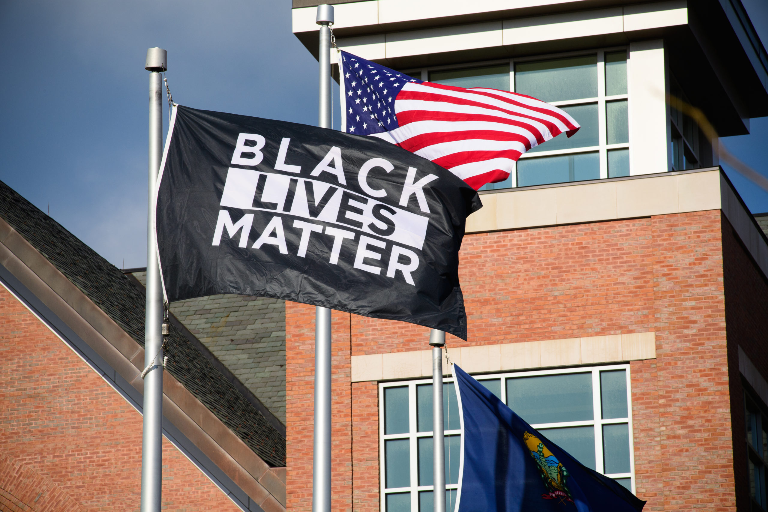 The Black Lives Matters flag waving outside UVM's student center.