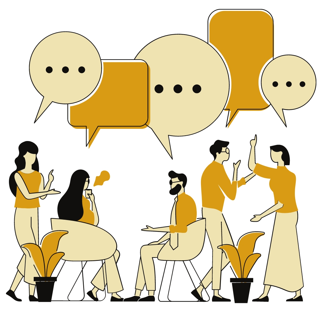 cartoon of lots of people having a dialog with blank speech bubbles