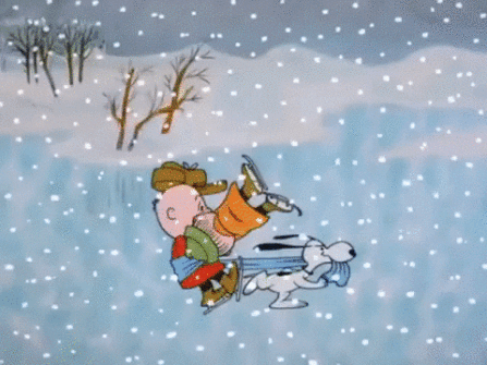 clip from Charlie Brown: snoopy the dog drags two people on ice-skates by a scarf before twirling them in the air where they are released and crash into a tree. Cartoon