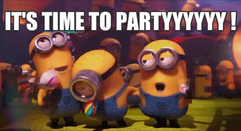 three minions from the movie dispicable me are shown hugging and celebrating together with the title "its time to party" above their heads