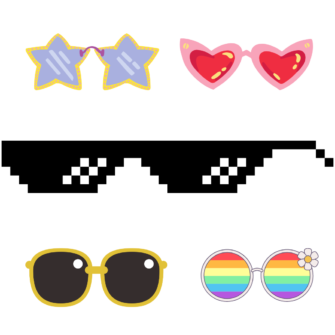 blue star sunglasses, red heart cat-eye sunglasses, black "meme" sunglasses, orange sunglasses, rainbow sunglasses