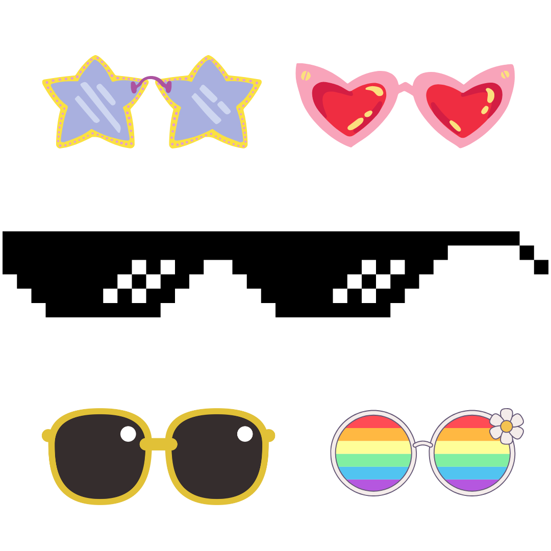 blue star sunglasses, red heart cat-eye sunglasses, black "meme" sunglasses, orange sunglasses, rainbow sunglasses