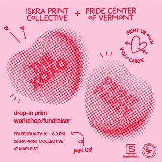 Pink background with candy hearts with details on the valentine's day screenprinting class