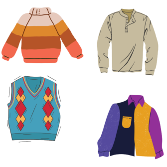 pink, cream and orange stripped sweater, a cream button down, a blue sweater vest, and a color-blocked button down