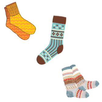 a pair of yellow socks, a blue patterned sock with brown stripes, and a pair of wool stripped socks