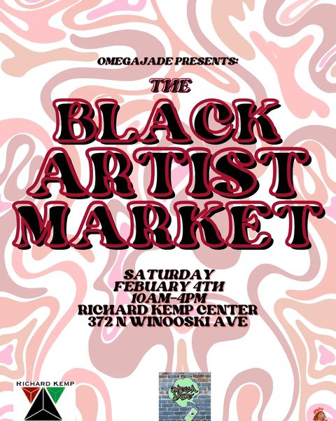 Black Artist market writting in black bubble letters with a red border printed over a pink and white swirl pattern