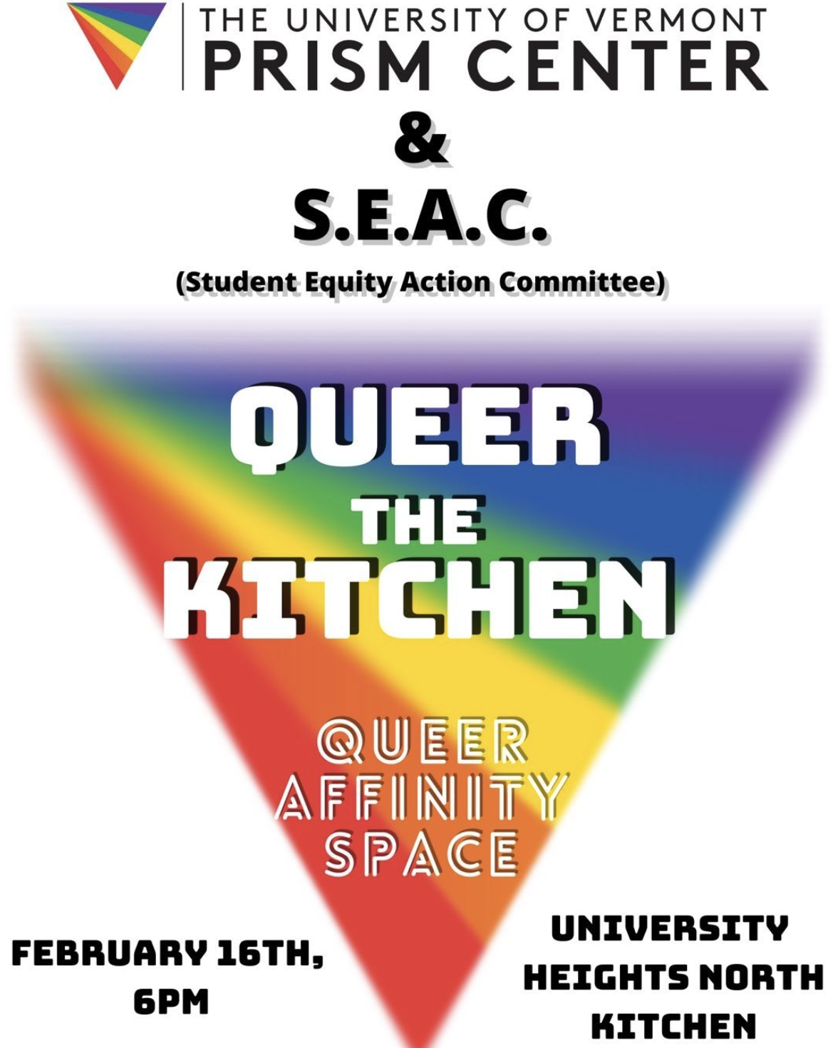 poster for event titled "queer the kitchen" on a rainbow background