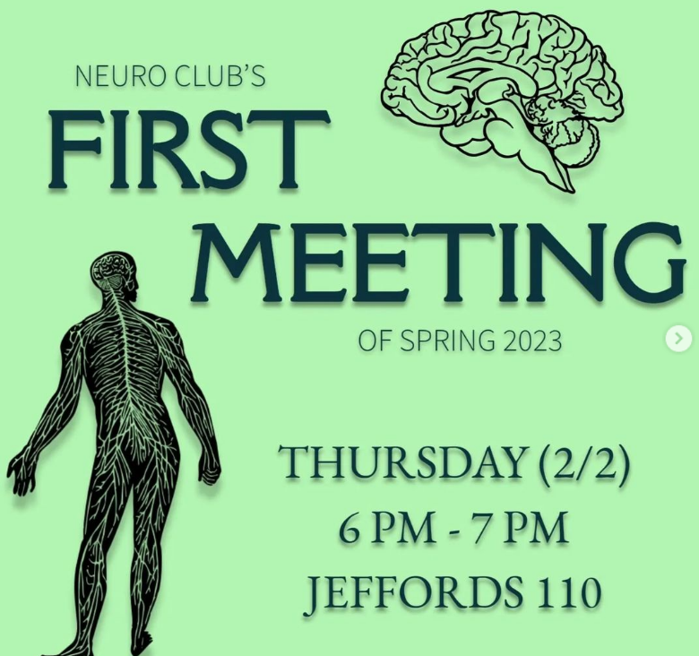 Green background with black lettering and graphic of a brain describing Neuroscience Club's first meeting