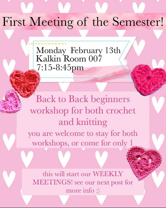 Pink graphic with crochet and knitted hearts and white heart drawings with details on the UVM Yarn Club's meeting