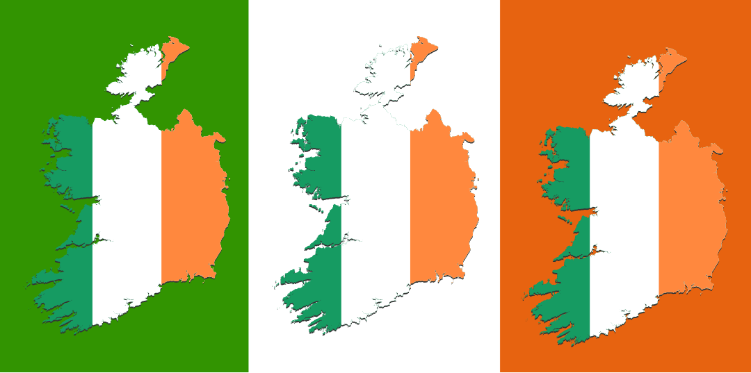 The country of Ireland is colored green, white and orange (referencing the flag) and is placed on each different color of the flag.