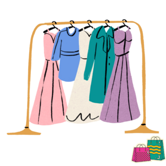 a cartoon clothing rack with various dresses and shirts and two small carton shopping bags in the corner