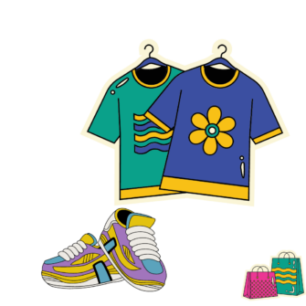 two colorful cartoon t-shirts with a pair of yellow, purple, and green shoes underneath with two small carton shopping bags in the corner