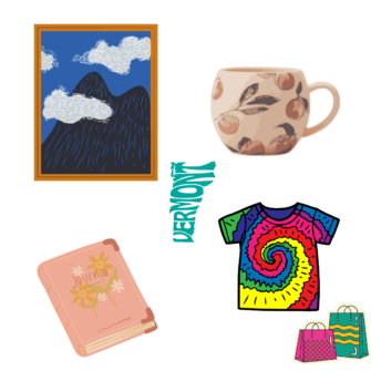 a cartoon photograph of a mountain with clouds, a nude colored mug with a peach graphic, a pink journal, a tie-dye t-shirt and a sticker that says vermont in the middle with two small carton shopping bags in the corner