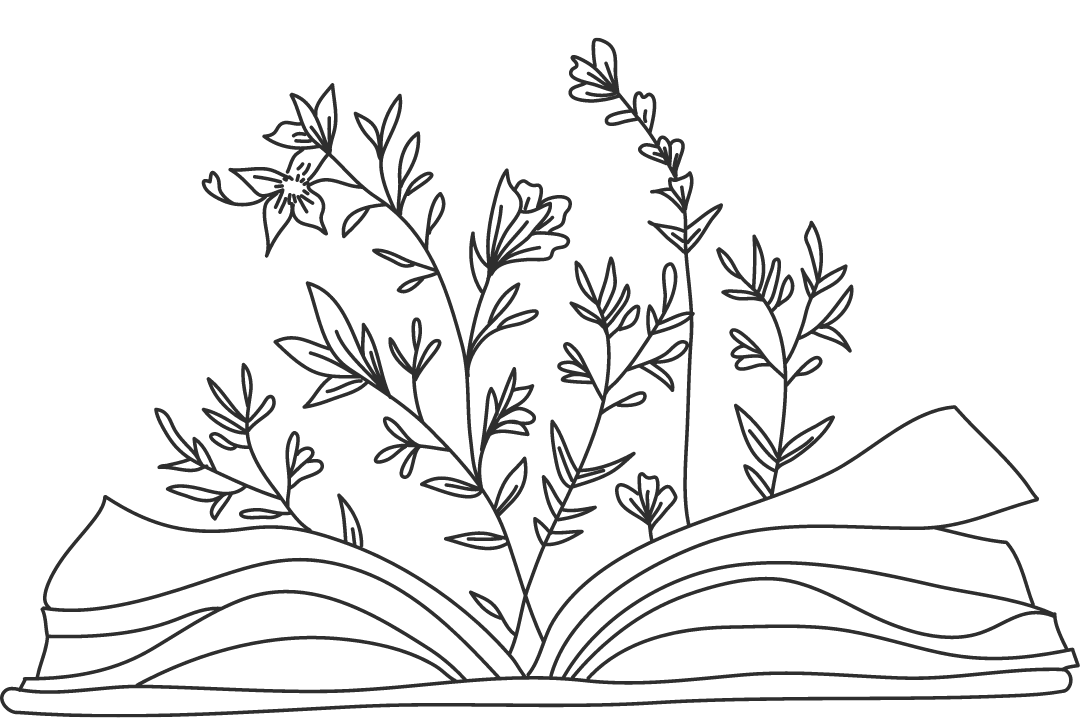 outline of an open book with flowers growing from the pages