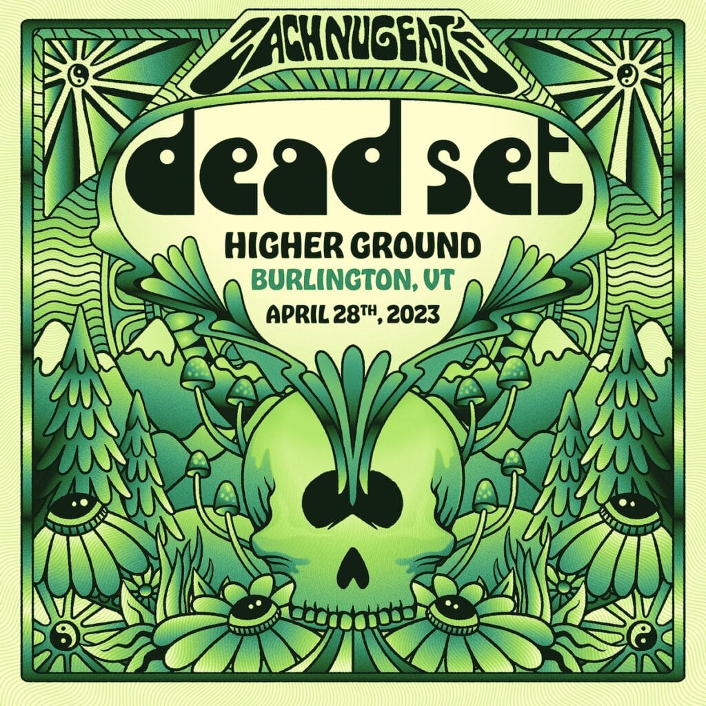 green poster that reads "dead set higher ground"