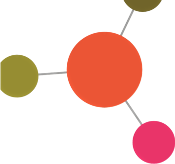 abstract geometric image of three small multi-colored dots connected to one large orange dot in the center