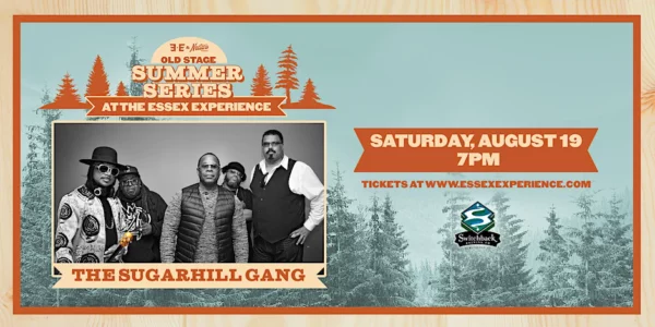 poster for the old stage summer series on a blue background with a photo of the artists