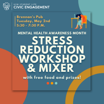 A flyer with a primary color scheme and colored dots decorating the background. The Civic Engagement logo is in the top left corner, and text reads "Stress Reduction Workshop & Mixer".