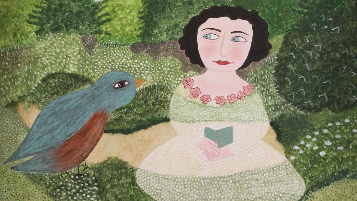 painting of a person in a green dress holding a book with a bird in the bottom left corner