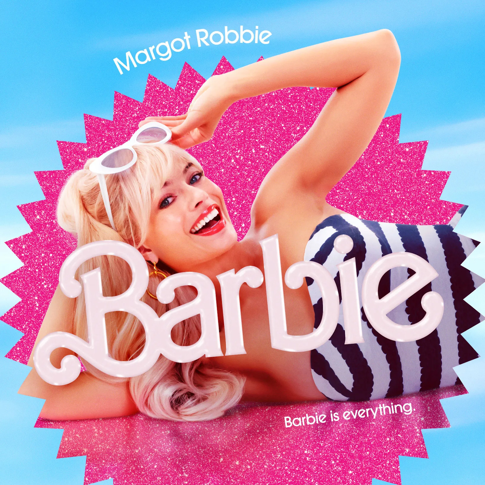 Barbie movie poster with margo robbie laying on her side with an arm in the air.