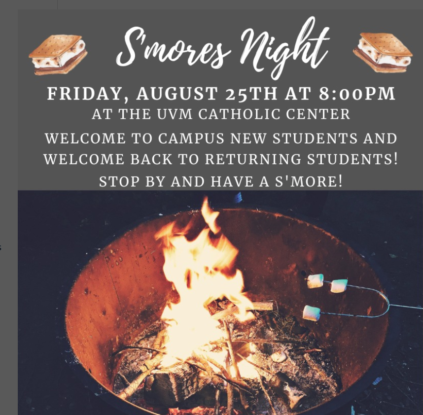 graphic for smores night at the catholic center