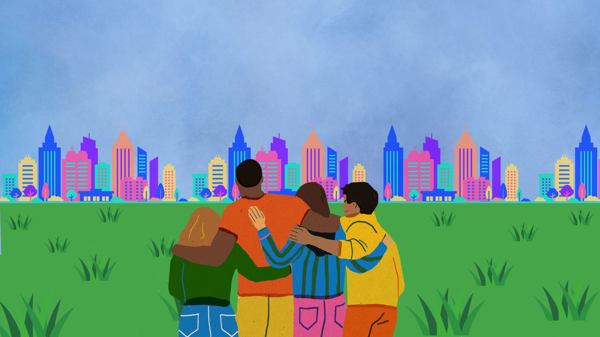a cartoon image of a group of people gathered in the foreground of a brightly-colored city scape with grass 