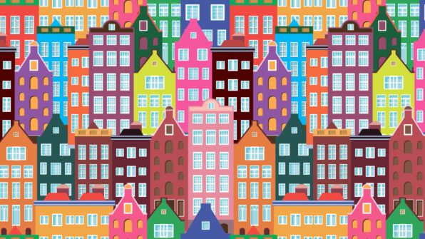 an image of many brightly colored apartment buildings overlapping eachother