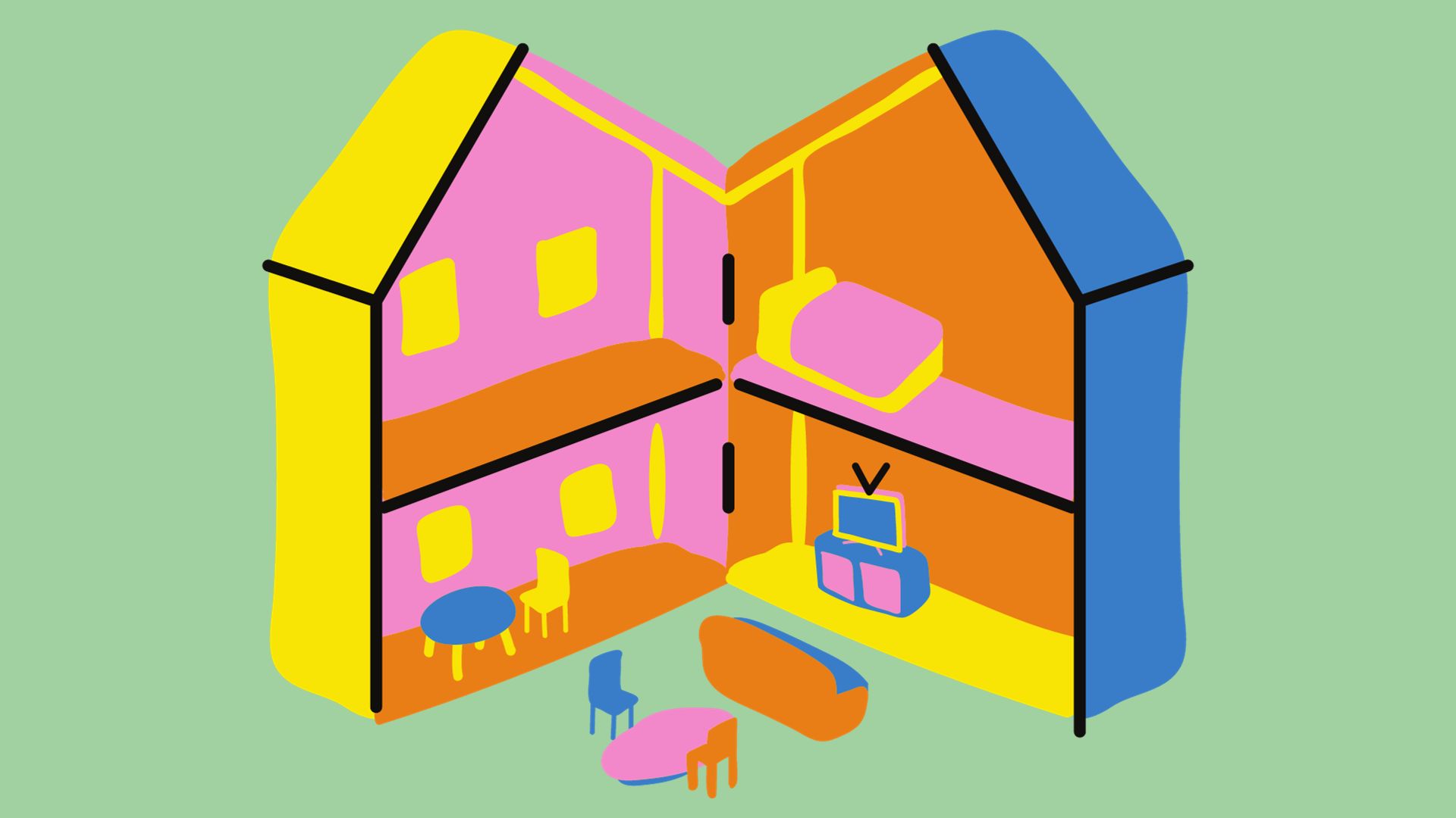 an image of a cartoon doll house that is opened up with a picknick bench and couch in the foreground where the house is opened up