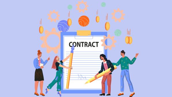 cartoon image of a group of people gathered around a very large clipboard that has a contract on it